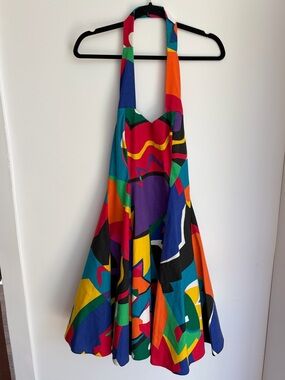 Henri Bendel Vintage 80s Colorful Abstract Print Halter Dress tutu